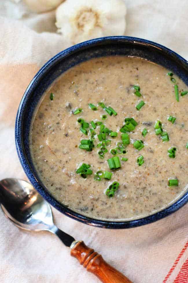 dairy free mushroom soup in a blue bowl
