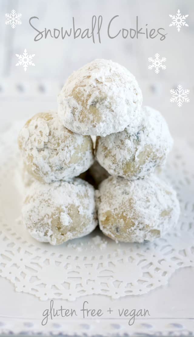 These delicious snowball cookies are gluten free and vegan and are a tasty treat for any holiday cookie tray! #vegan