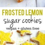 Festive and delicious vegan lemon frosted sugar cookie recipe. These cute cookies work well with gluten free flour, too!