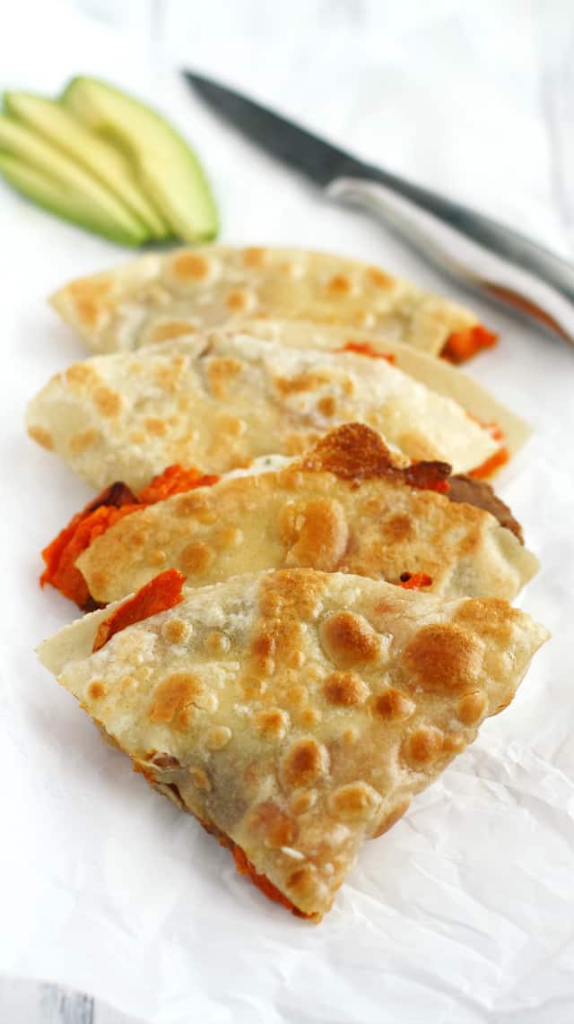 Delicious, cheesy, crispy quesadillas with roasted sweet potatoes and beans. 