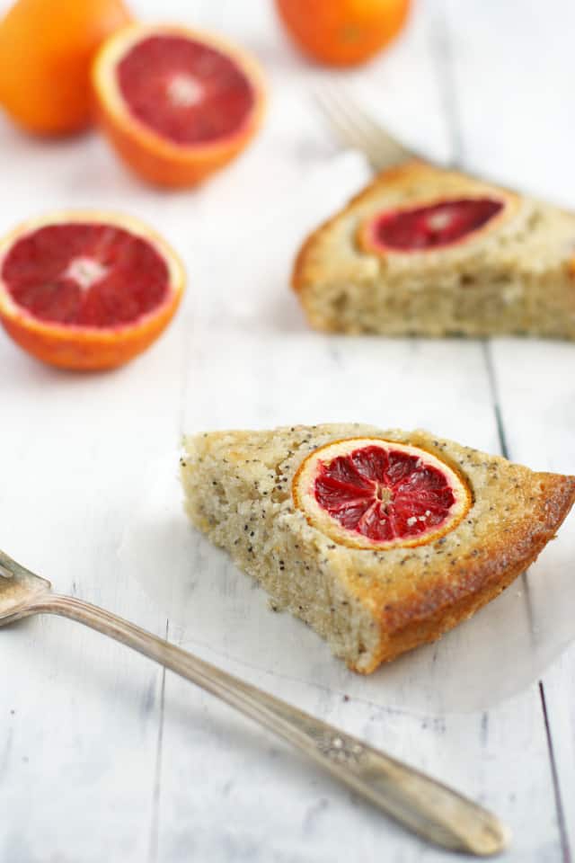 slices of poppy seed cake with blood oranges