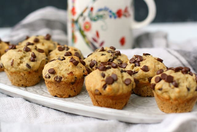vegan mini muffins with chocolate chips on a tray