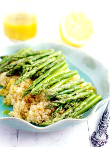 Roasted asparagus and quinoa salad with a tangy lemon mustard vinaigrette - perfect for a quick side dish!