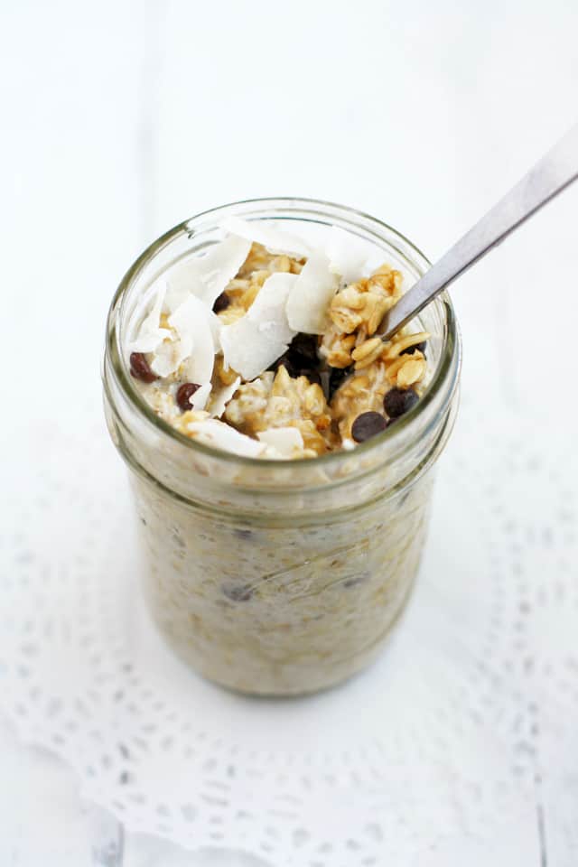 Gluten free and vegan chocolate chip coconut overnight oats. Easy to make!