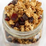 It's so easy to make delicious and healthy homemade granola! This version is delicious and filled with cranberries and chocoalte chips. Nut free. #glutenfree