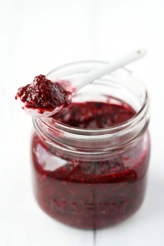 blackberry chia seed jam in a mason jar