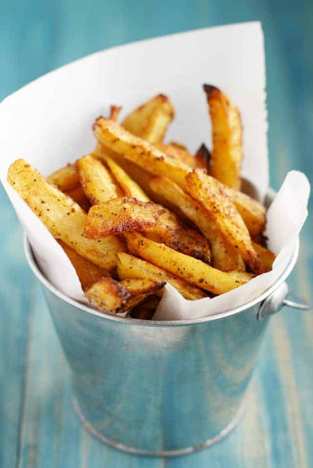 oven roasted french fries in a silver container