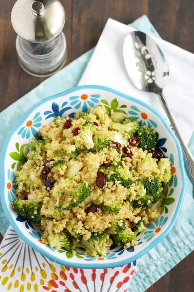 curried quinoa salad with broccoli, onions, and cranberries