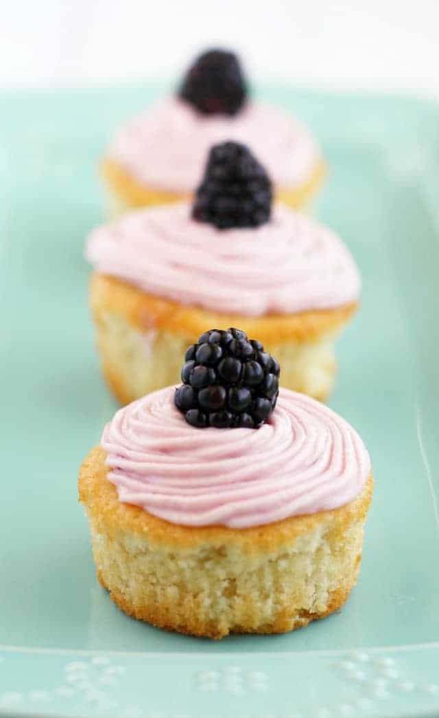 vegan vanilla cupcakes with blackberry buttercream