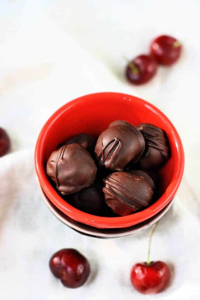 chocolate covered cherries in a bowl
