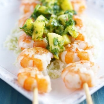 Grilled shrimp with pineapple chimichurri. An easy and flavorful summer meal! #seafood #glutenfree