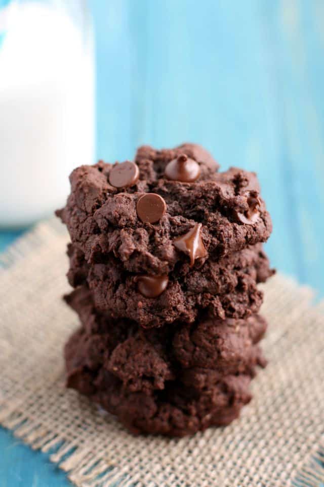 stack of vegan and gluten free double chocolate fudge cookies