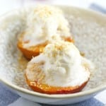 Simple dessert for summer! Roasted peaches with toasted coconut and ice cream. #peaches