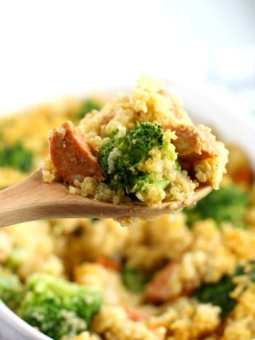 A cheesy, tasty quinoa casserole that's full of broccoli and sausage. Tasty and healthy comfort food! Gluten free recipe.