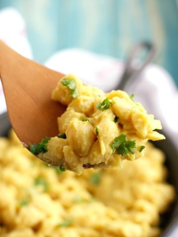 Shells and cheese made with a creamy cauliflower sauce. This is easy to make and full of fiber!