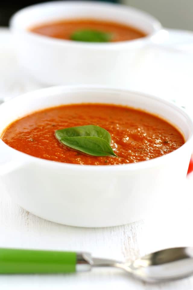 dairy free tomato basil soup in white bowls