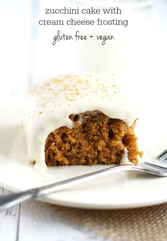 Easy and delicious gluten free and vegan zucchini cake reicpe. This spiced cake is delicious with a cream cheese frosting!