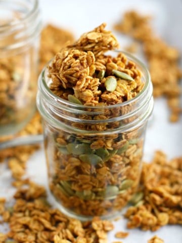 It's fall, and it's time for pumpkin spiced everything! This pumpkin spice granola is so easy to make and is a great start to the day!