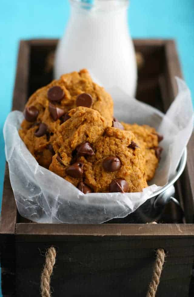 pumpkin chocolate chip cookies in a silver pail