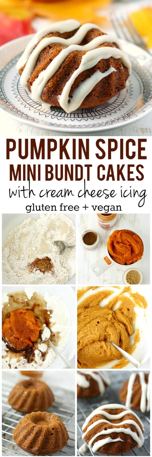 These pumpkin spice mini bundt cakes are so delicious - the sweet cream cheese glaze is the perfect finishing touch! These are perfect for Thanksgiving! #vegan #glutenfree AD #shop