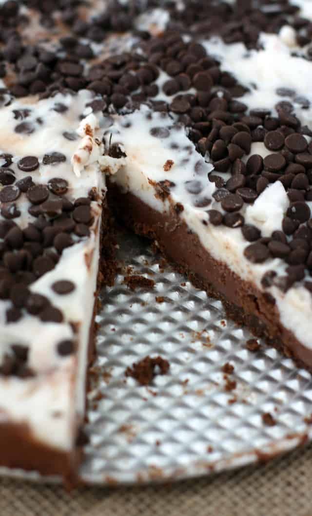frozen ice cream pie with lots of chocolate chips on top