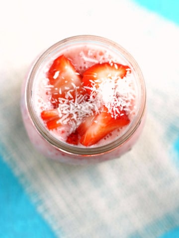 A delicious and healthy strawberry banana coconut smoothie. A tasty, dairy free way to start the day!