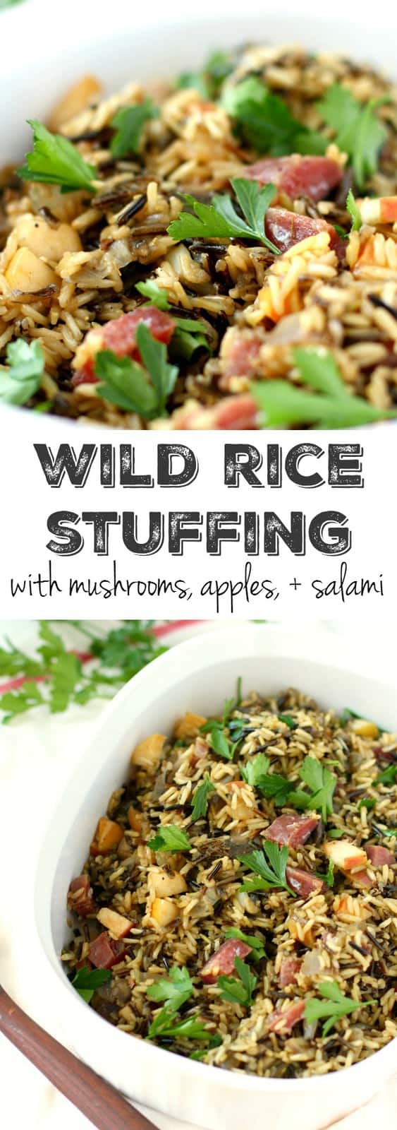 A delicious addition to the Thanksgiving table...gluten free wild rice stuffing with mushrooms, onions, apples, and salami. #glutenfree #shop AD