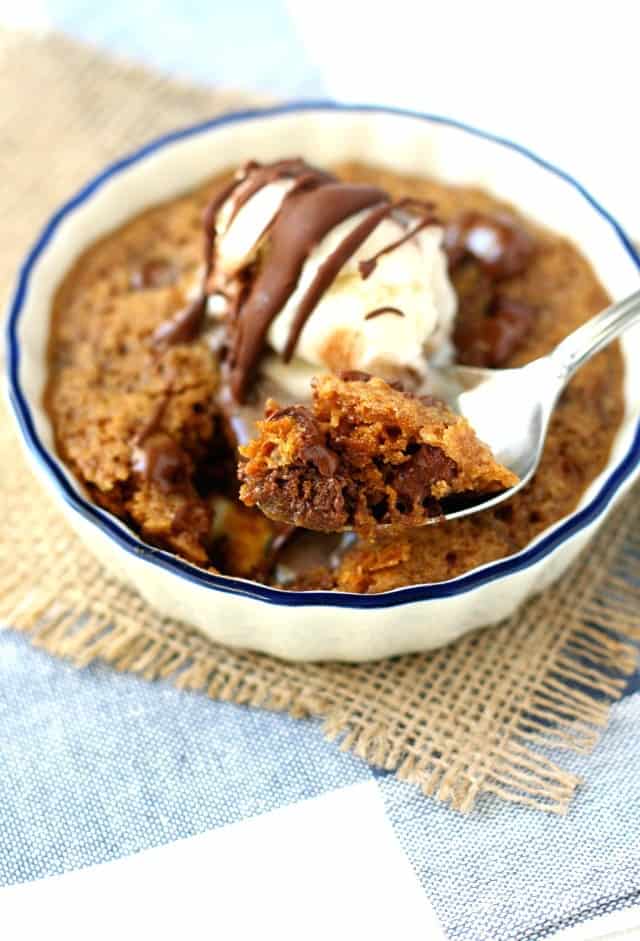 Make a single serving deep dish chocolate chip cookie in the microwave! You're just a couple of minutes away from this delicious, chocolatey dessert!
