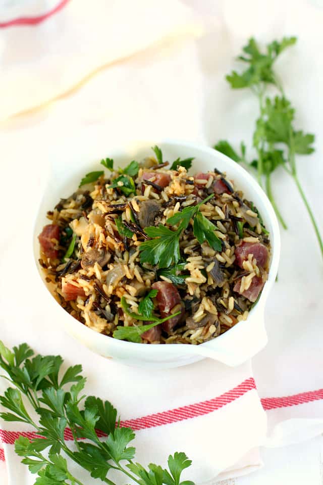 A delicious addition to the Thanksgiving table...gluten free wild rice stuffing with mushrooms, onions, apples, and salami. #glutenfree #shop AD