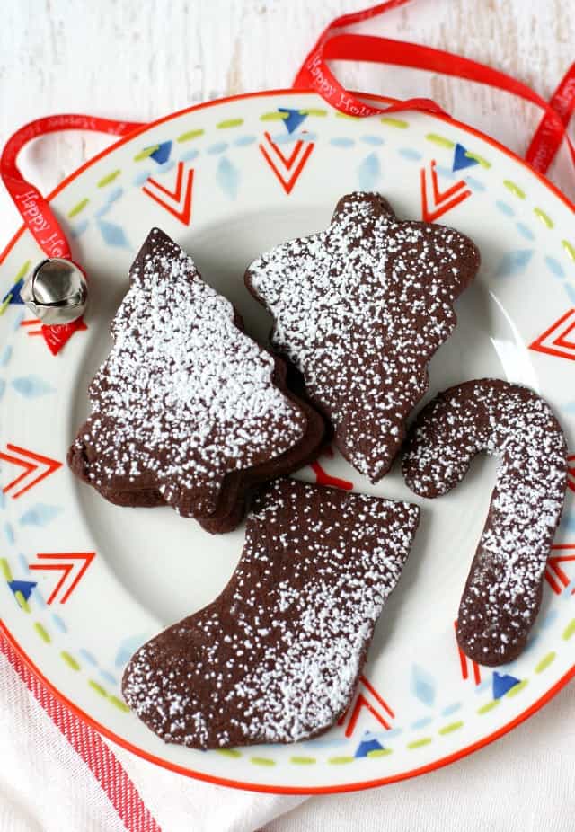 chocolate sugar cookies on holiday plate