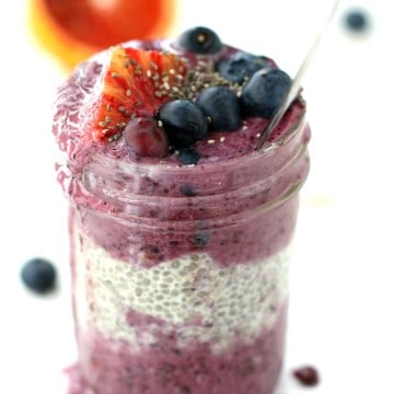 blueberry chia seed parfait in a glass jar