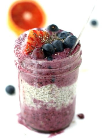 blueberry chia seed parfait in a glass jar