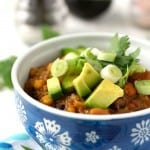 Healthy and delicious, this quinoa and sweet potato chili is made in the slow cooker. Perfect for busy days!