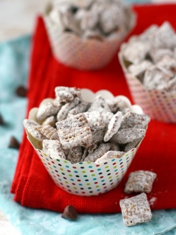 Chex cereal is coated in chocolate, sunbutter, and powdered sugar for a sweet treat that's allergy friendly!