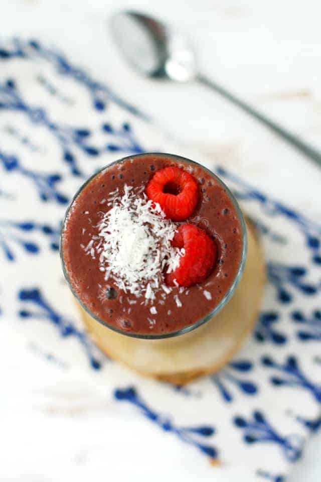A delicious cocoa banana raspberry smoothie will get your day off to a great start! #dairyfree #heartmonth #ad #smoothie