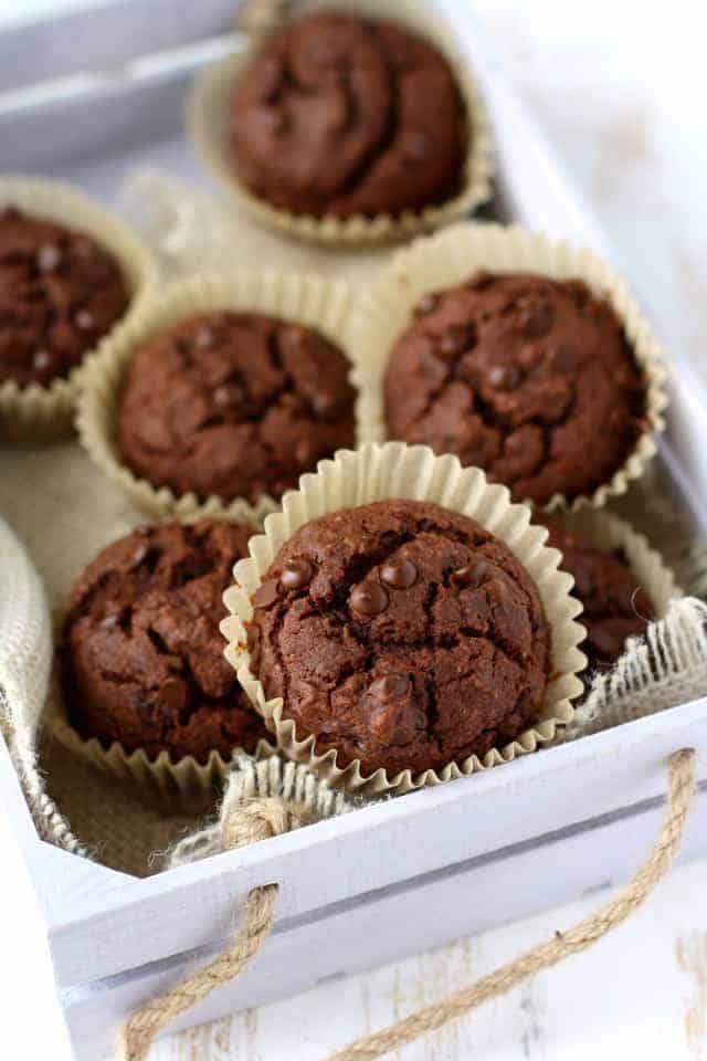 double chocolate lentil muffins in a basket