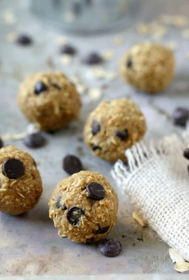 chocolate chip energy balls on a cookie sheet