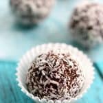 Coconut chocolate energy bites are just right for a mid-day snack! Grain free, vegan, and Paleo friendly!
