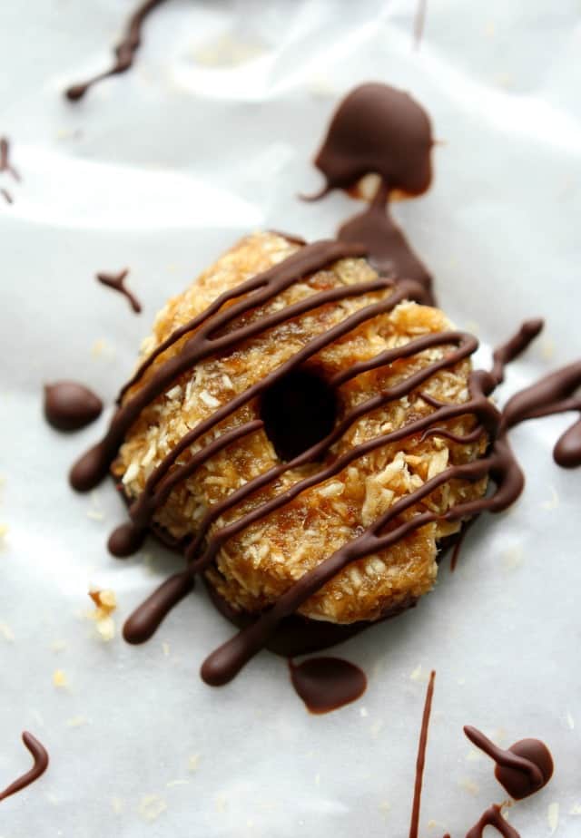 chocolate covered coconut samon cookie on parchment paper
