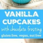 Gluten free and vegan vanilla cupcakes with chocolate frosting. Everyone can enjoy this classic cupcake recipe!