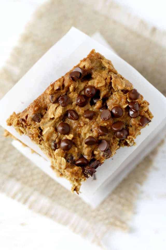 chocolate chip breakfast bars on parchment paper