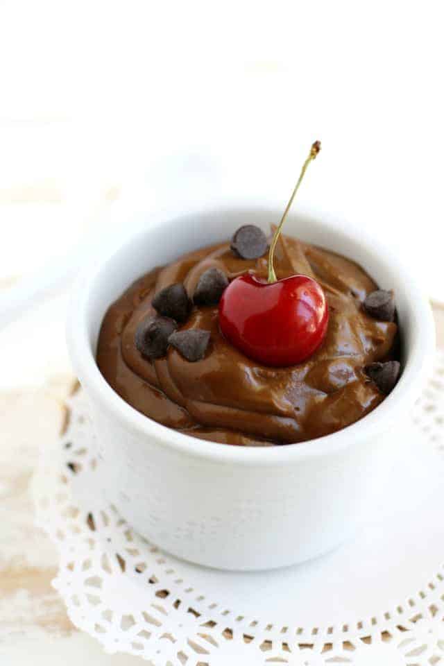 chocolate avocado mousse in a white bowl