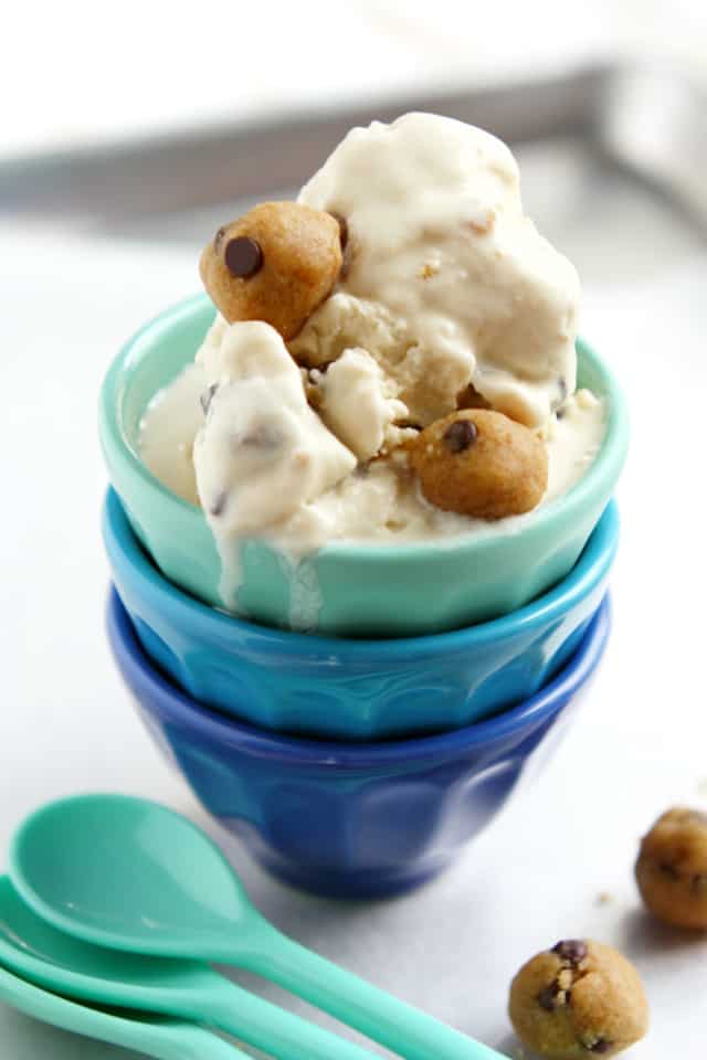 vegan cookie dough ice cream in blue bowls