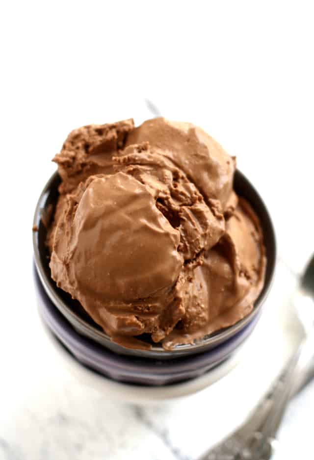 scoop of homemade vegan chocolate ice cream in a bowl