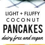 Light and fluffy vegan coconut pancakes are topped with a sauce made from fresh mangoes. A delicious breakfast treat!