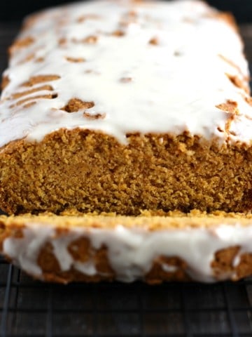 Gluten free and vegan iced pumpkin bread is a great fall dessert! Easy and delicious.