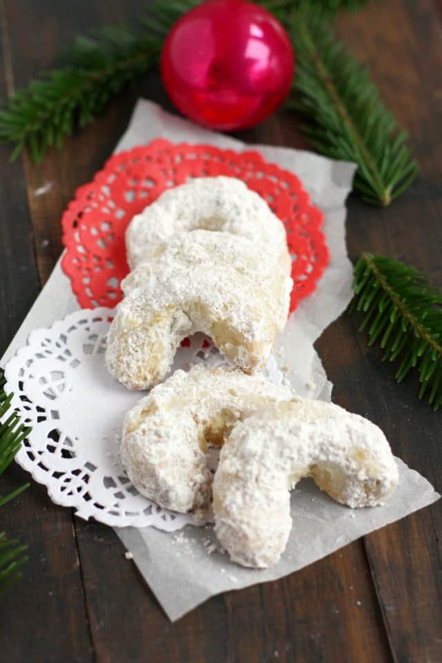 vegan gluten free bohemian crescent cookies displayed with christmas decorations