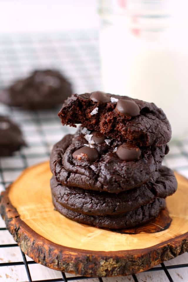 stack of grain free vegan fudgy chocolate cookies
