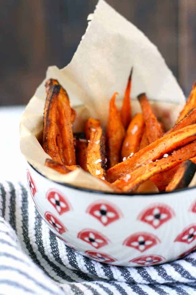 Baked sweet potato fries are gluten free and delicious! An easy, comforting recipe. 