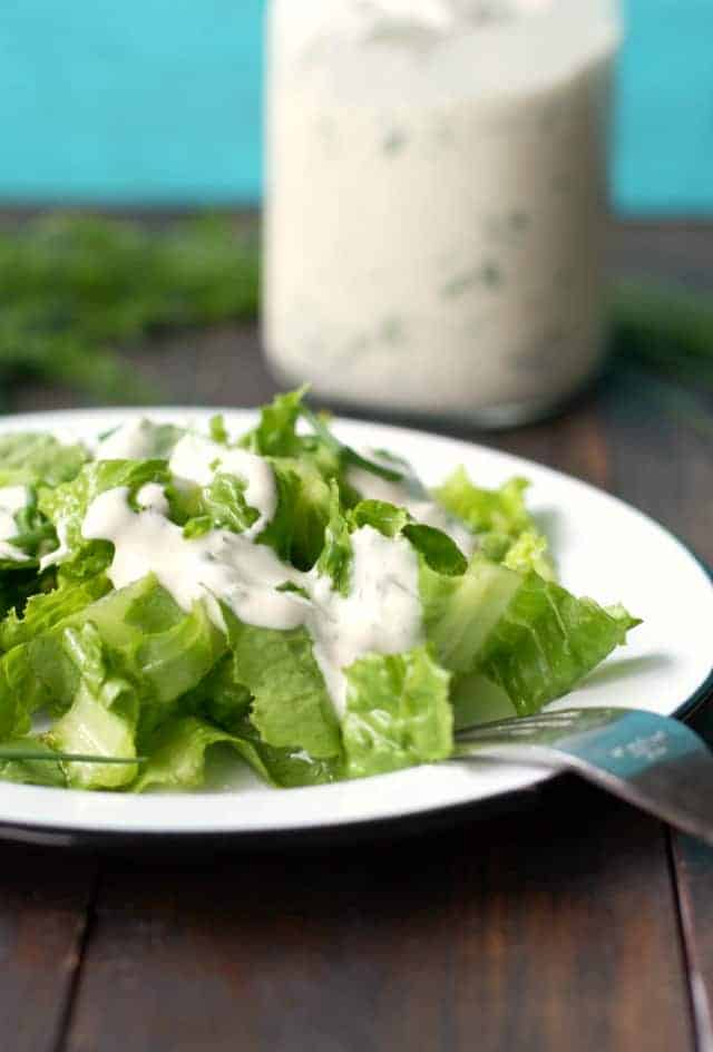dairy free ranch dressing on romaine lettuce